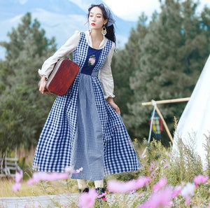 Vintage Blue Plaid Dress Prairie Chic Style Cotton Linen Mori Girl Long Maxi Dresses Retro Embroidery Casual Large Size Faldas