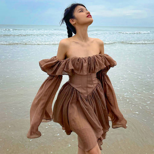 Vintage Brown Corset summer dresses woman 2022 Pleated Long Sleeve Ruffled Beach Walk Sexy Mini Dress female Sundress