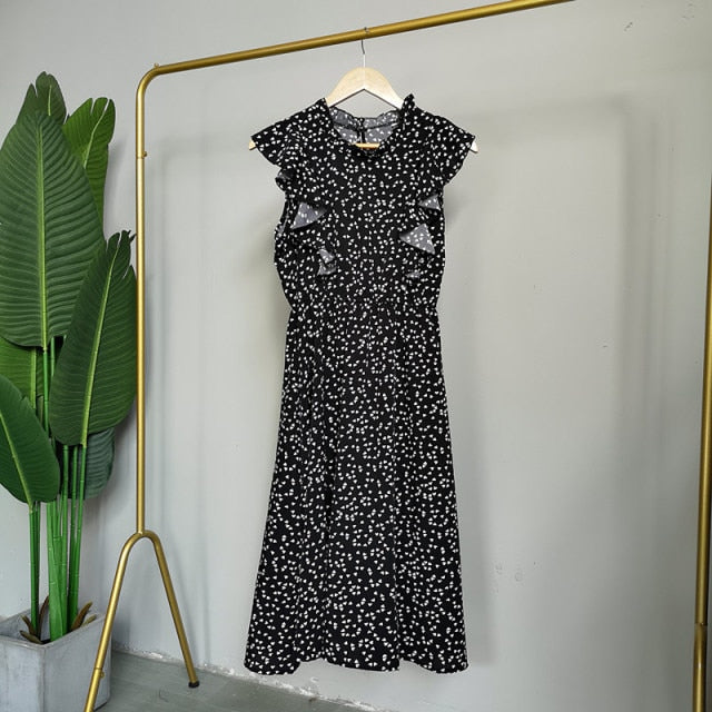 Vintage Butterfly Sleeve Ruffles Heart Dot Print Dress Women Medium Long Chiffon Ladies Spring Summer Dress Red Black Blue