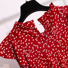 Load image into Gallery viewer, Vintage Butterfly Sleeve Ruffles Heart Dot Print Dress Women Medium Long Chiffon Ladies Spring Summer Dress Red Black Blue