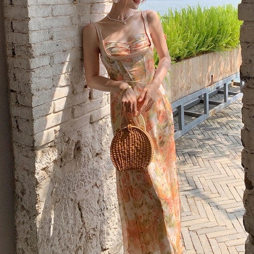 Vintage Casual Sundress Female Beach Long Backless Women Temperament Dresses Summer 2021 Boho Sexy Oil Painting Floral Vestidos