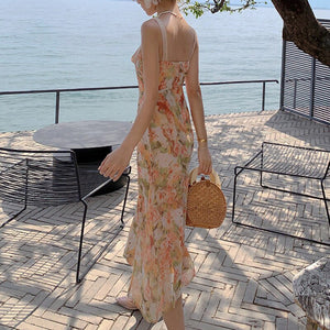 Vintage Casual Sundress Female Beach Long Backless Women Temperament Dresses Summer 2021 Boho Sexy Oil Painting Floral Vestidos