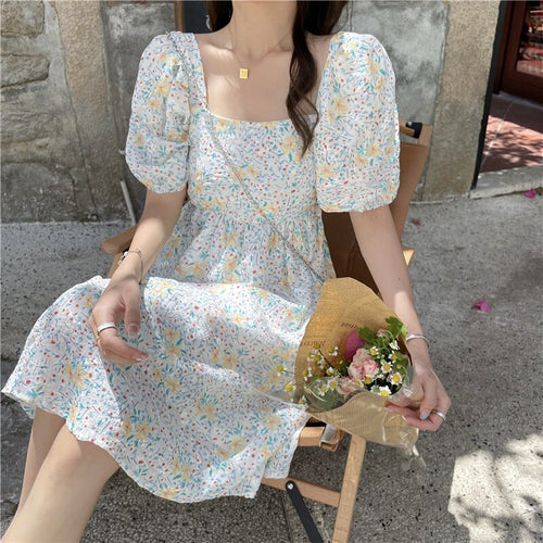 Vintage Chiffon Dress Korean Style Hollow Out Print Sexy Mini Robe Summer Women Short Sleeve Sweet Elegante Vestidos Mujer 2021