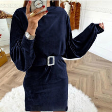 Load image into Gallery viewer, Vintage Corduroy Sheath Mini Dresses Women Lantern Sleeve O-neck  Office Ladies Solid Dress 2021 New Fashion Spring Casual Dress