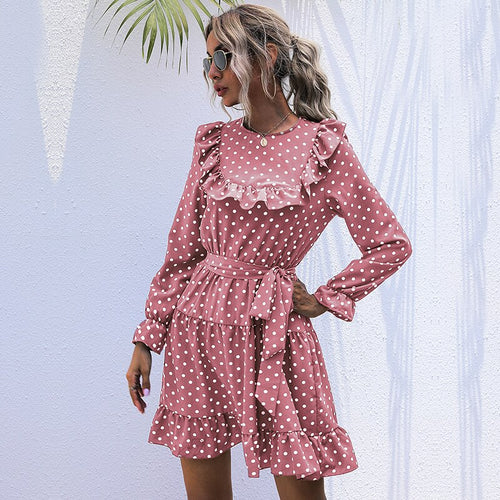 Vintage Dot Print Dress Women Casual O Neck High Waist Slim Ruffles Autumn Winter Dress For Women 2020 New Fashion