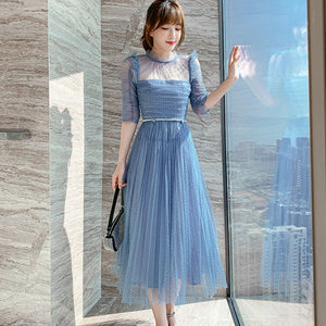 Vintage Dresses 2021 Newest Summer Elegant Fashion Mesh Ruched Short Sleeve High Waist Holiday Beach Long Dress Vestidos