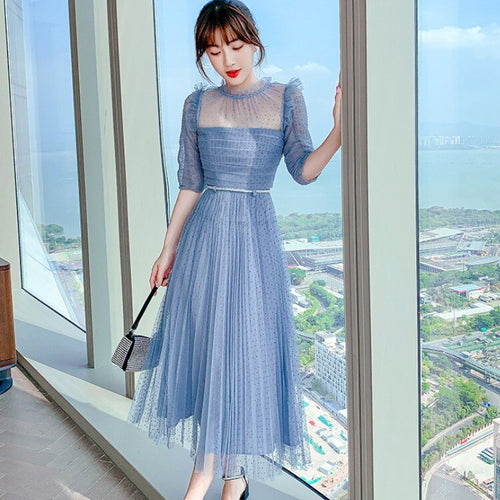 Vintage Dresses 2021 Newest Summer Elegant Fashion Mesh Ruched Short Sleeve High Waist Holiday Beach Long Dress Vestidos