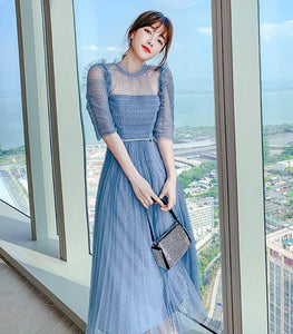 Vintage Dresses 2021 Newest Summer Elegant Fashion Mesh Ruched Short Sleeve High Waist Holiday Beach Long Dress Vestidos