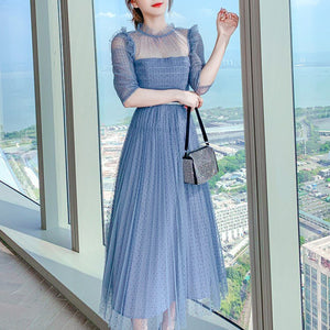 Vintage Dresses 2021 Newest Summer Elegant Fashion Mesh Ruched Short Sleeve High Waist Holiday Beach Long Dress Vestidos