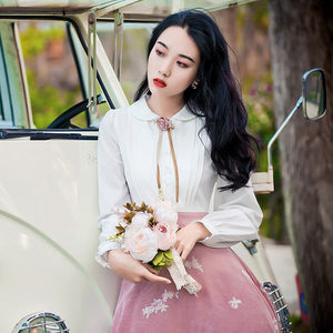 Vintage Elegant Woman Dress Cottage Retro Peter Pan Collar Pink Corduroy Patchwork White Midi Dresses Robe Rose Vestido Festa