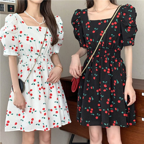 Vintage Elegant Women Square Collar Cherry Print Dresses Korean Casual Party Mini Dress Female Sundress 2021 Summer Robe Vestido