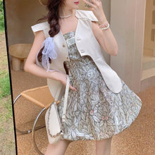 Load image into Gallery viewer, Vintage Fashion Two Piece Sets Women Irregular Three-dimensional  Vest Jacket + Print Suspender Dress Suits Conjuntos De Vestido