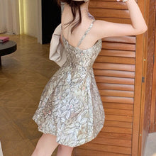 Load image into Gallery viewer, Vintage Fashion Two Piece Sets Women Irregular Three-dimensional  Vest Jacket + Print Suspender Dress Suits Conjuntos De Vestido