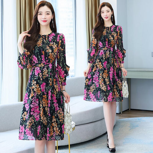 Vintage Floral Chiffon Knee Length Dress Women Autumn Ruffle Long Sleeve Lace-up High Waist Korean Style Elegant Female Dress