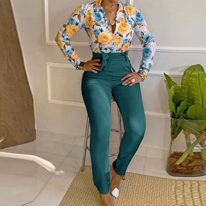Vintage Floral Print Blouses Shirt And Slim Pants Suits Women Elegant Two Piece Set 2021 Summer Office Ladies Outfits Streetwear