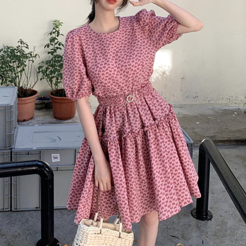 Vintage Floral Print Dress Women 2021 Summer New Beach Puff Sleeve O-Neck Ruffles Midi Boho Sundress Slim Waist Vestido De Mujer