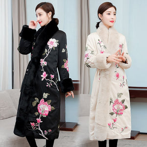 Vintage Floral Print Fur Collar Parkas Women 2021 Winter Thicken Elegant Midi Coat Lace-up Pocket Female Chinese Style Outerwear