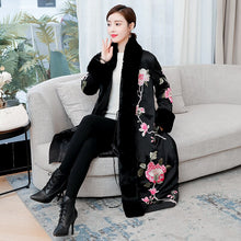 Load image into Gallery viewer, Vintage Floral Print Fur Collar Parkas Women 2021 Winter Thicken Elegant Midi Coat Lace-up Pocket Female Chinese Style Outerwear
