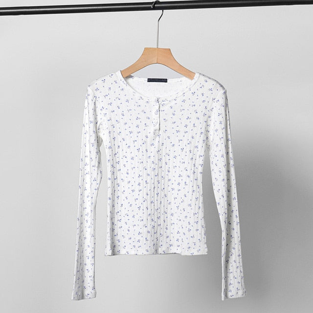 Vintage Floral Print Slim T-shirt Women Summer Sweet Cute Button O Neck Long Sleeve Top Retro Chic Boho Cotton T Shirt Tops 2022