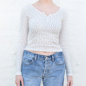 Vintage Floral Print Slim T-shirt Women Summer Sweet Cute Button O Neck Long Sleeve Top Retro Chic Boho Cotton T Shirt Tops 2022