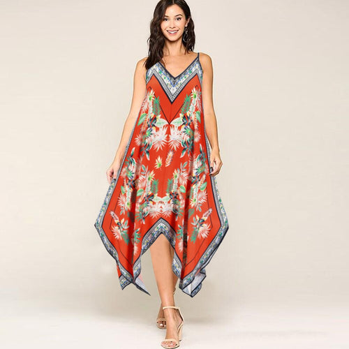 Vintage Floral Print Spaghetti Midi Dress Women Summer Fashion Casual Irregular Sleeveless V-neck Vestidos Boho Loose Robe Femme