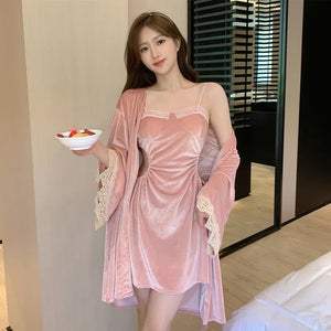 Vintage Golden Velvet Nightgowns Sexy Pajamas Lace Slip Nightdress Loungewear Women Sleepwear Nighty For Ladies Sleeping Dress