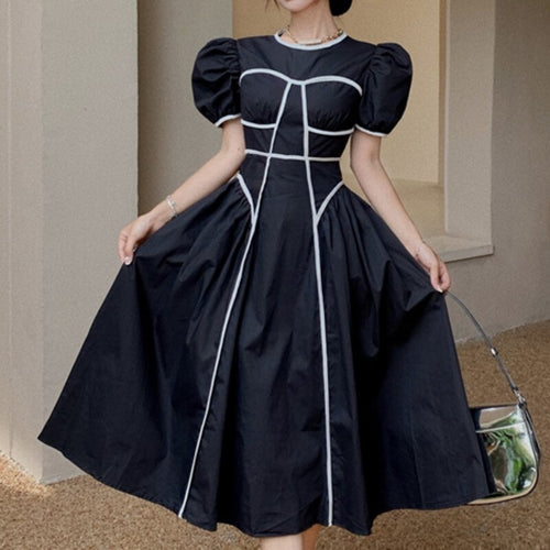 Vintage Hit Color Women Summer Dresses 2021 New Puff Sleeve O-neck Fashion Casual Robe High Waist A-line Sundress Vestidos Mujer