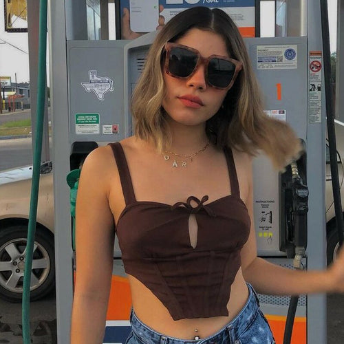 Vintage Hollow Out Lace Up Patchwork Crop Top Sexy Sleeveless Square Collar Irregular Hem Tee Y2k Aesthetic E Girl Streetwear