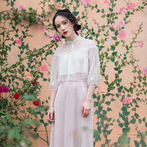 Vintage Lace Blouse Women Elegant Designer Hollow Out Korean Sweet Floral Blouse Female Casual Chic Beach Blouse 2021 Summer