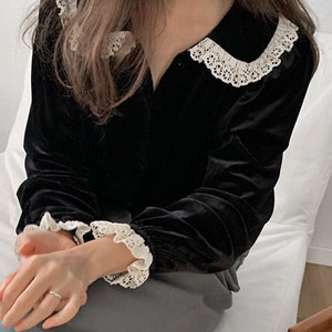 Vintage Lace Patchwork Velvet Blouse Women Turn Down Collar Long Sleeve Elegant Korean Style Woman Shirts Spring Autumn Tops