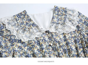 Vintage Lace Peter Pan Collar Female Chiffon Dress Female Short Sleeve Elegant Casual Floral Print Midi Dress Vestidos