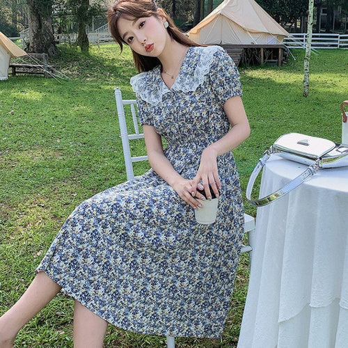 Vintage Lace Peter Pan Collar Female Chiffon Dress Female Short Sleeve Elegant Casual Floral Print Midi Dress Vestidos