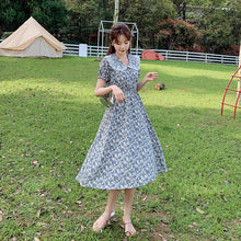 Load image into Gallery viewer, Vintage Lace Peter Pan Collar Female Chiffon Dress Female Short Sleeve Elegant Casual Floral Print Midi Dress Vestidos