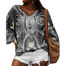 Load image into Gallery viewer, Vintage Long Sleeve Print Shirt Blouse Spring Autumn Fashion V-neck Folk Top Femme Blue Casual Beach Loose Shirts Top Women 2021