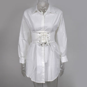 Vintage Long Sleeve Sexy Tunic White Shirt Dress Women High Waist Corset Belt Party Dresses Elegant Casual Fashion Vestdos Pink