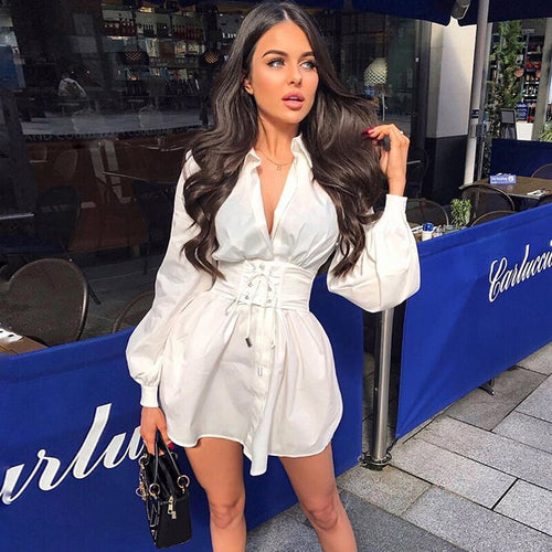 Vintage Long Sleeve Sexy Tunic White Shirt Dress Women High Waist Corset Belt Party Dresses Elegant Casual Fashion Vestdos Pink