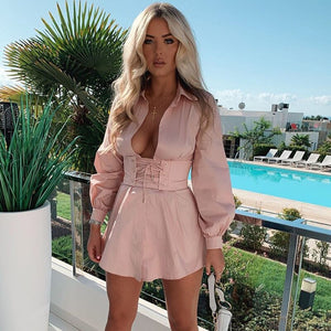 Vintage Long Sleeve Sexy Tunic White Shirt Dress Women High Waist Corset Belt Party Dresses Elegant Casual Fashion Vestdos Pink