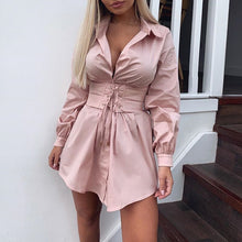 Load image into Gallery viewer, Vintage Long Sleeve Sexy Tunic White Shirt Dress Women High Waist Corset Belt Party Dresses Elegant Casual Fashion Vestdos Pink