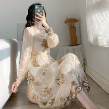 Load image into Gallery viewer, Vintage Mesh Fairy Dress Retro Embroidery Floral Petal Sleeve Ruffles Collar Casual Dresses For Party Night Vestido Festa