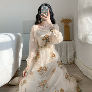 Vintage Mesh Fairy Dress Retro Embroidery Floral Petal Sleeve Ruffles Collar Casual Dresses For Party Night Vestido Festa