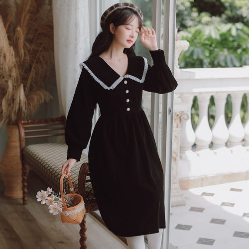 Vintage Niche Temperament Black Velvet Dress Female Long Sleeved 2021 Autumn New Ruffled Pleated Lapels Elegant Midi Dress Femme