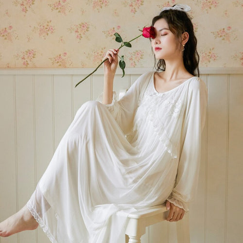 Vintage Nightgowns Modal Sexy Homewear Palace Nighty Women Patchwork Lace Sleepwear Hot Erotic Long White Nightwear Pink Nighty