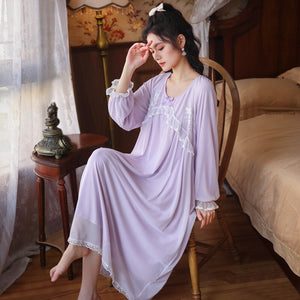 Vintage Nightgowns Modal Sexy Homewear Palace Nighty Women Patchwork Lace Sleepwear Hot Erotic Long White Nightwear Pink Nighty