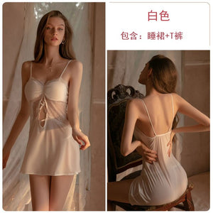 Vintage Nightgowns with Cotton Pad Sexy Nightdress Silk Lace Underwear Back Buckle Strap Night Dress Silk Sleepwear Sleep Tops