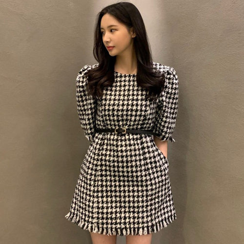 Vintage O Neck Puff Sleeve Plaid Dress Women Autumn 2022 Slim Waist Elegant Robe Femme Simple Korean Chic Office Ladies Vestidos