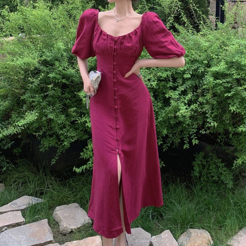 Vintage Party Midi Dresses Ladies Solid Korean Fashion Elegant Split Robe Hepburn Summer Casual Clothes For Women 2021 Vestidos