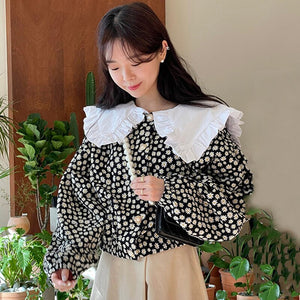 Vintage Peter Pan Collar Floral Blouse Women Puff Sleeve Loose Casual All Match Korean Style Woman Shirts Sweet Elegant Blusas