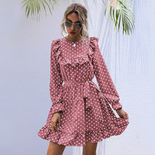 Load image into Gallery viewer, Vintage Polka Dot Ruffle Dress Women Casual Long Sleeve High Waist Sashes Dress 2021 Spring New Fashion Sweet A-Line Mini Dress