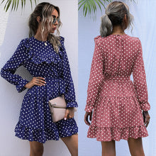Load image into Gallery viewer, Vintage Polka Dot Ruffle Dress Women Casual Long Sleeve High Waist Sashes Dress 2021 Spring New Fashion Sweet A-Line Mini Dress