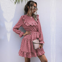 Load image into Gallery viewer, Vintage Polka Dot Ruffle Dress Women Casual Long Sleeve High Waist Sashes Dress 2021 Spring New Fashion Sweet A-Line Mini Dress